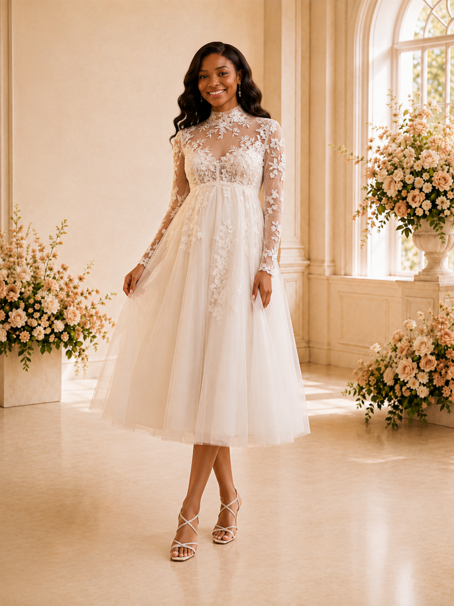 ChicSew Elegant High Neck Long Sleeves Lace Appliques Tulle Tea-Length Wedding Dress