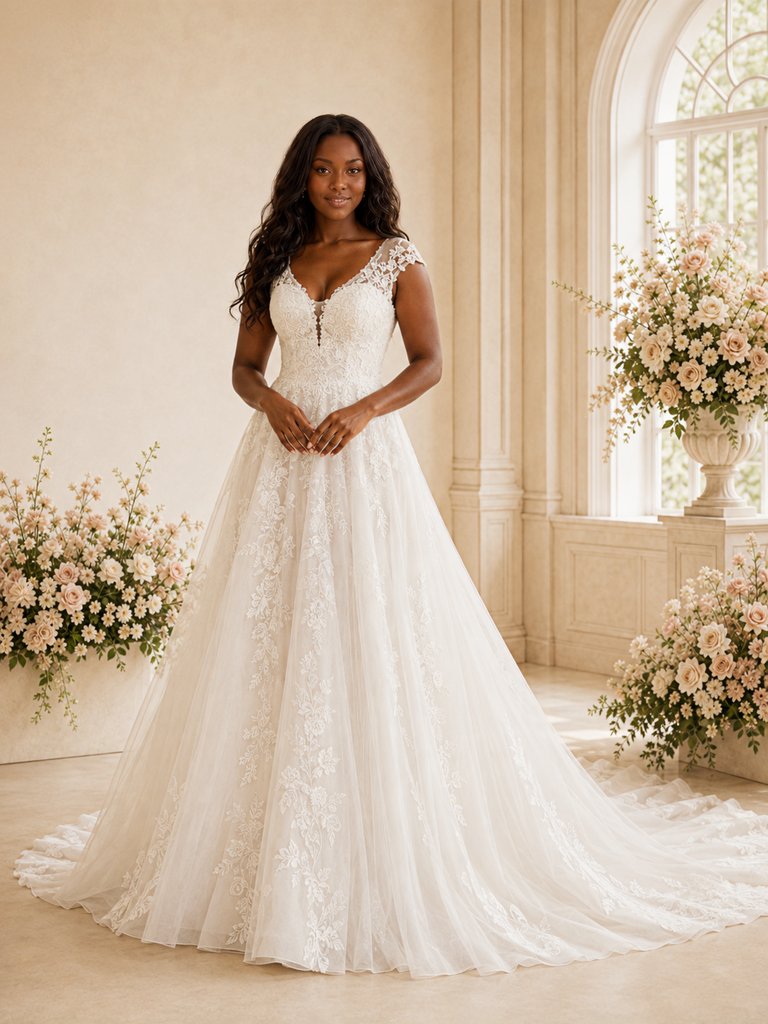 ChicSew Romantic A-Line V-Neck Cap Sleeves Tulle Long Wedding Dress With Lace Appliques