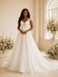 ChicSew Romantic A-Line V-Neck Cap Sleeves Tulle Long Wedding Dress With Lace Appliques