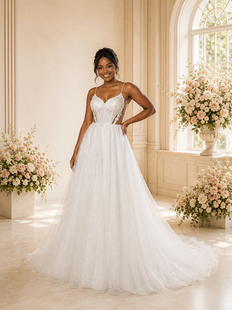 ChicSew Romantic A-Line Spaghetti Straps V-Neck Glitter Tulle Maxi Wedding Dress