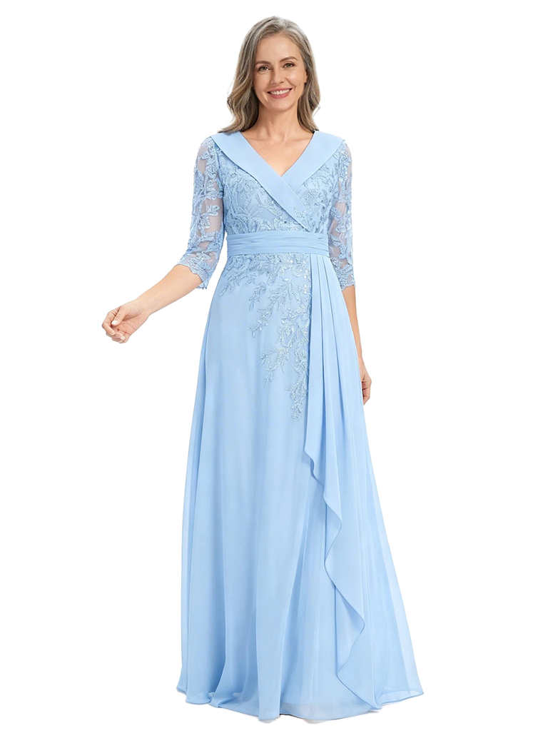 ChicSew V-Neck 3/4 Sleeve Lace Side Ruffle Floor Length Chiffon Mom Of The Groom Dresses