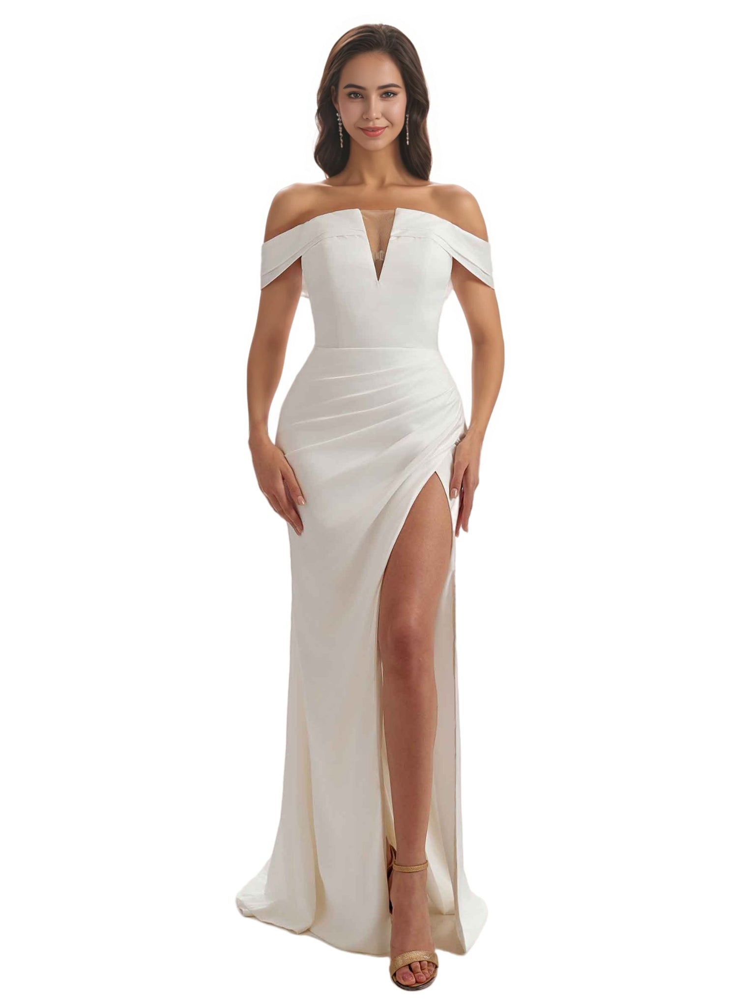 Sexy V-neck Mermaid Off the Shoulder Ruched Silky Satin Long Bridesmaid Dresses Slit