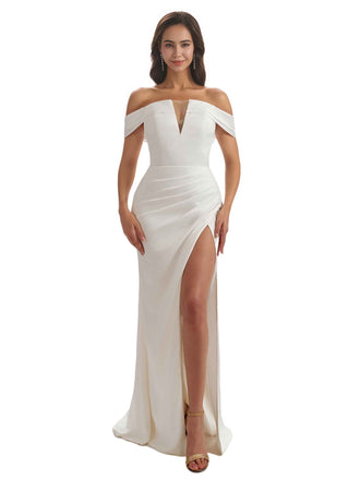 Sexy V-neck Mermaid Off the Shoulder Ruched Silky Satin Long Bridesmaid Dresses Slit