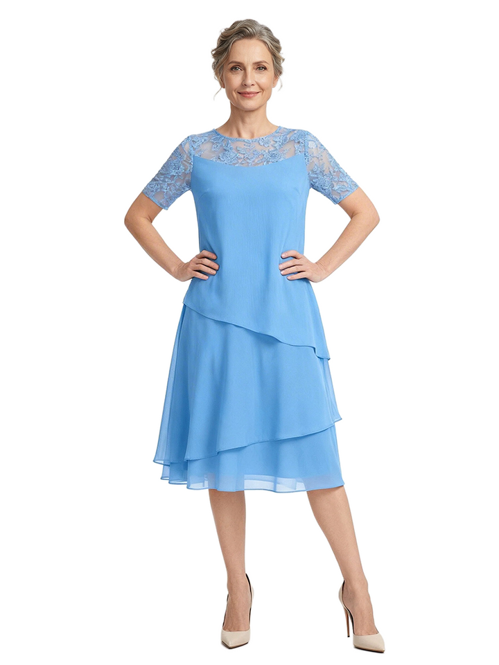 ChicSew Jewel Short Sleeve Lace Overlay Layered Chiffon Midi Length Casual Mother of the Bride Dresses