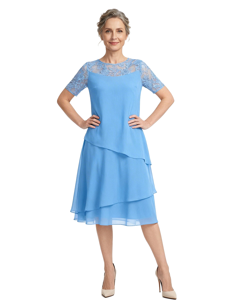 ChicSew Jewel Short Sleeve Lace Overlay Layered Chiffon Midi Length Casual Mother of the Bride Dresses