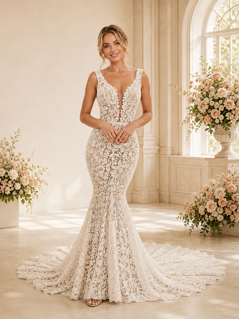 ChicSew Sexy Mermaid Lace Applique V-Neck Open Back Maxi Wedding Dress