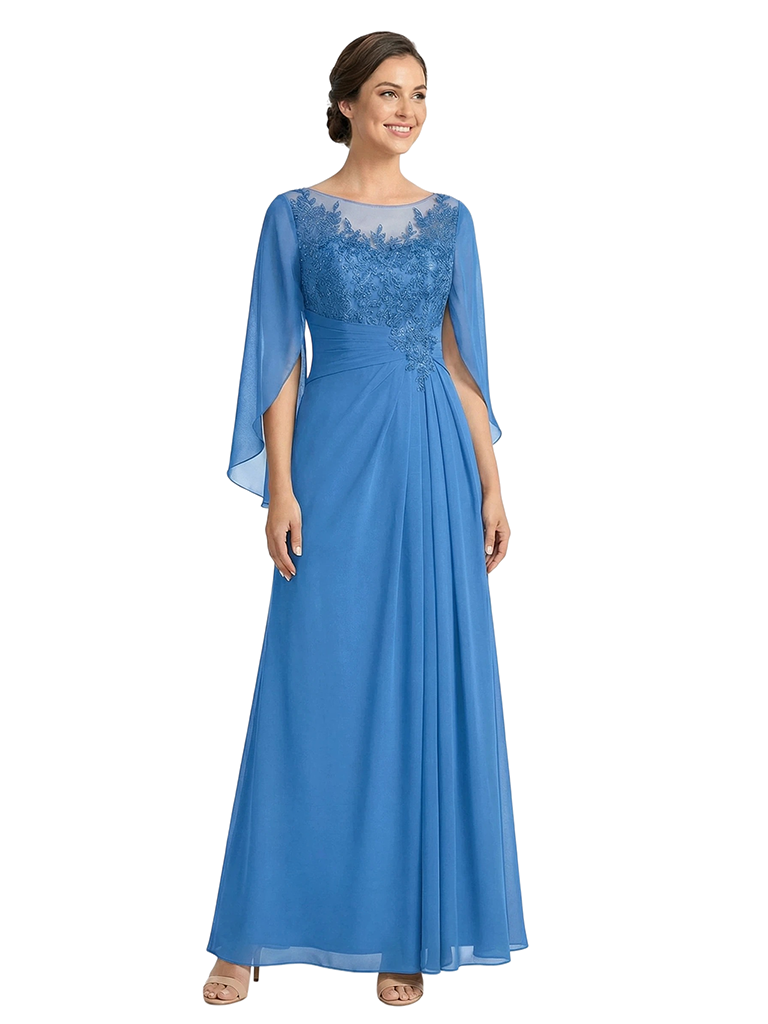 ChicSew Illusion Neck Cape Sleeve Lace Applique Ruched A-Line Long Chiffon Elegant Mom Of The Groom Dresses