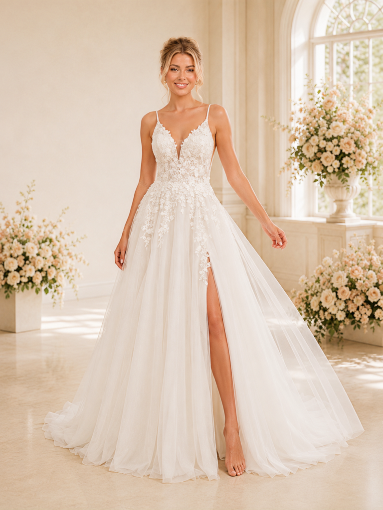 ChicSew Elegant Spaghetti Straps Side Slit A-Line Tulle Long Wedding Dresses With Lace Appliques