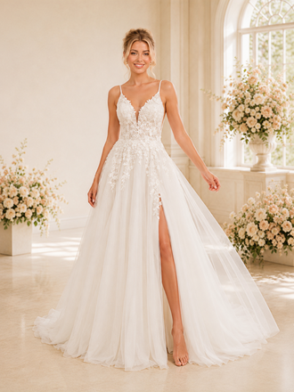ChicSew Elegant Spaghetti Straps Side Slit A-Line Tulle Long Wedding Dresses With Lace Appliques