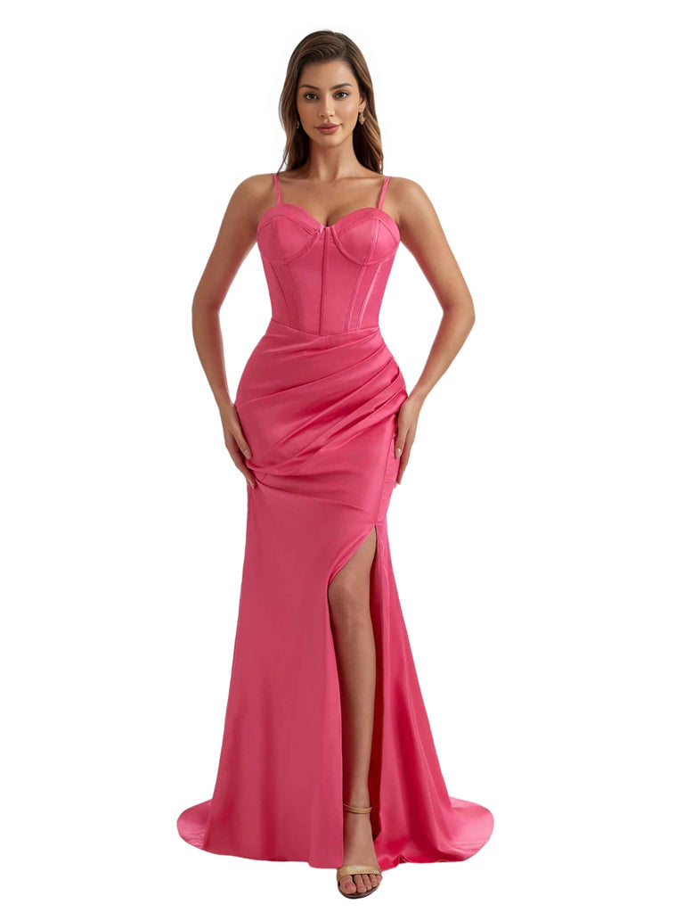 Sexy Spaghetti Straps Boning Mermaid Ruched Satin Long Bridesmaid Dresses Side Split