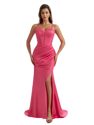 Sexy Spaghetti Straps Boning Mermaid Ruched Satin Long Bridesmaid Dresses Side Split