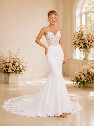 ChicSew Sexy Spaghetti Straps Mermaid Lace Tulle Sleeveless Wedding Dress With Long Train