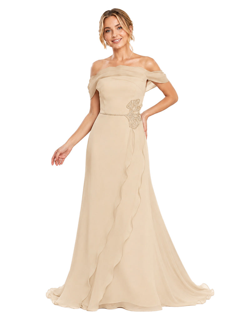 Chicsew Off Shoulder Sleeveless Chiffon A-Line Long Bridesmaid Dresses With Lace Appliques