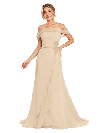 Chicsew Off Shoulder Sleeveless Chiffon A-Line Long Bridesmaid Dresses With Lace Appliques