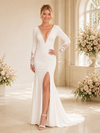 ChicSew Sexy Deep V-Neck Long Sleeves Side Slit Mermaid Crepe Long Wedding Dress