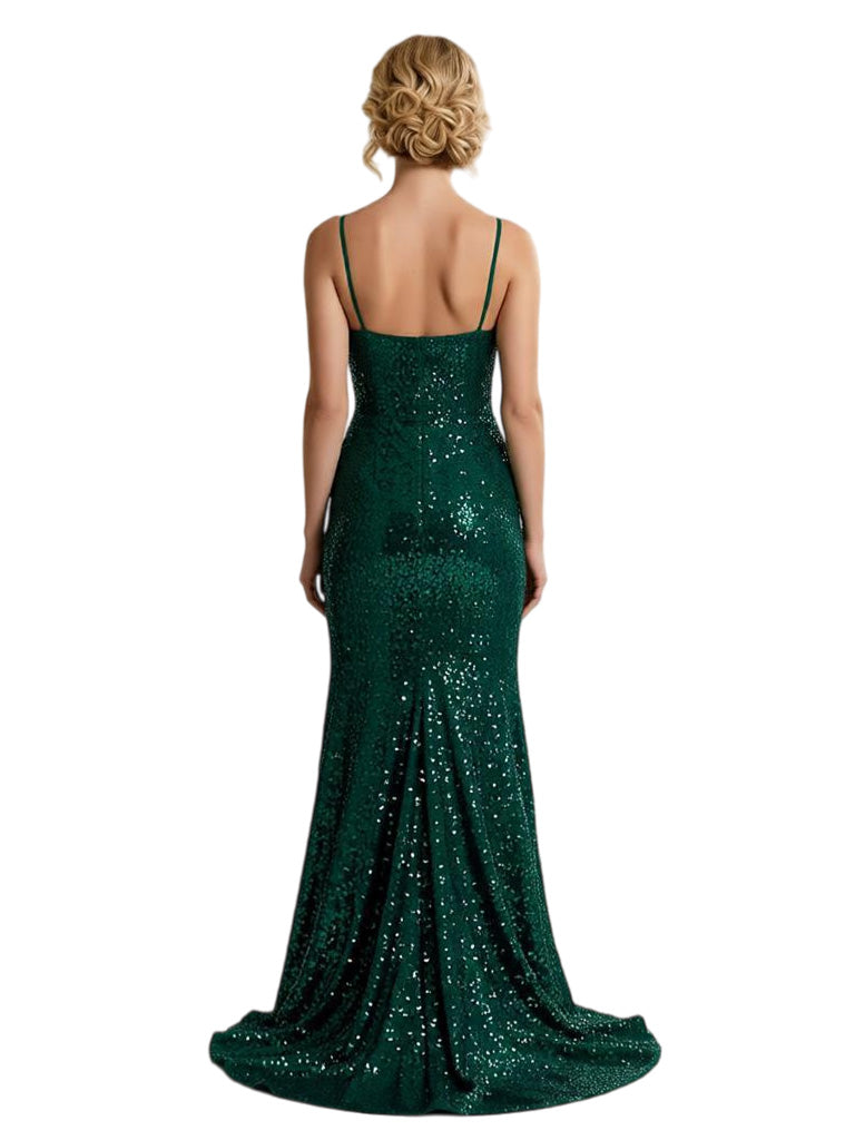 Sparkly Spaghetti Straps Sleeveless Side Slit Mermaid Sequined Long Evening Prom Dresses