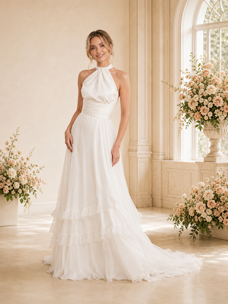 ChicSew Elegant Satin A-Line Halter Pleated Chiffon Maxi Long Wedding Dress