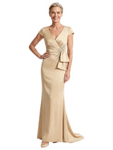 Elegant V-Neck Satin Mother of The Groom Dress Cap Sleeves Mermaid Maxi Gown
