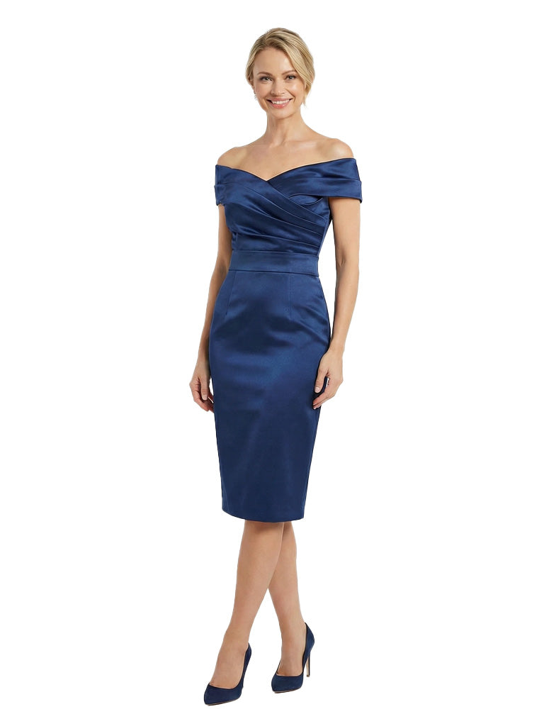 Simple Off Shoulder Ruched Satin Knee-Length Sheath Mother Of The Bride Dresses