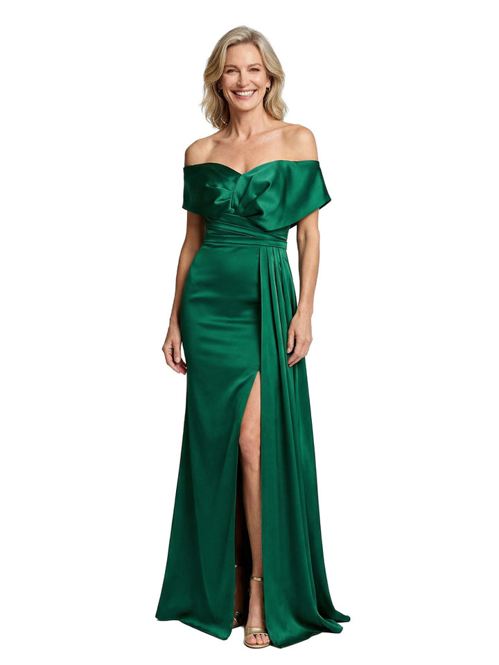 Mother Of The Bride Off Shoulder Satin Mermaid Ruched Formal Bride Mother Wear With Side Slit