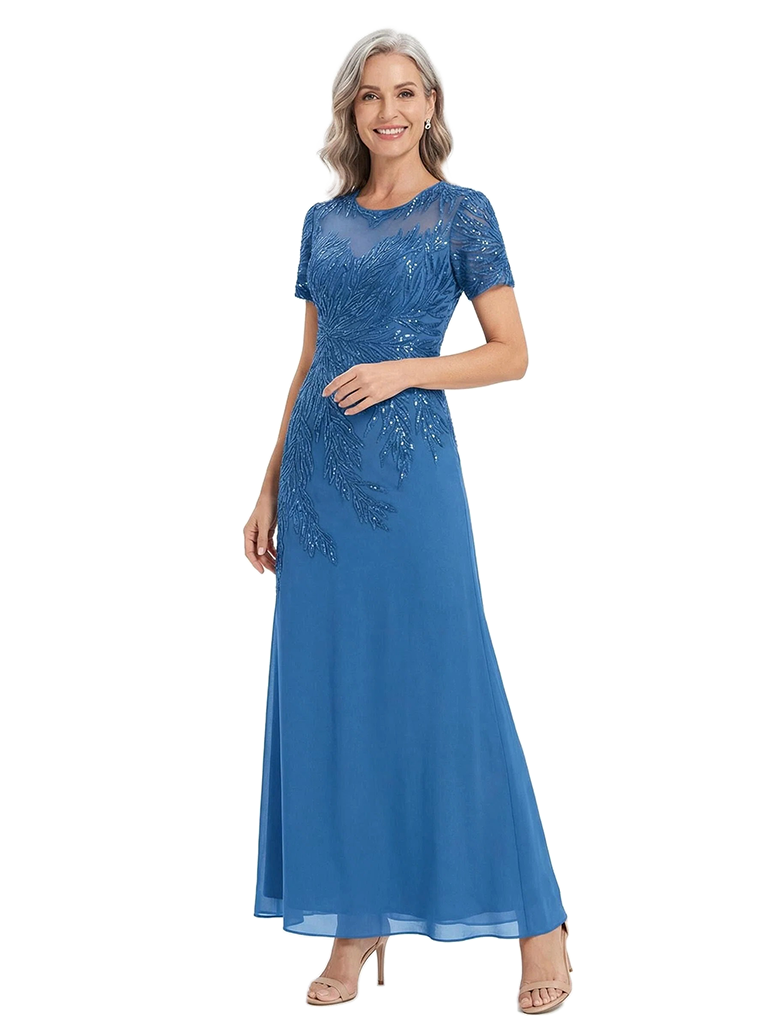 ChicSew Short Sleeves Lace Applique Mother Of The Groom Gown Jewel Chiffon Evening Dress