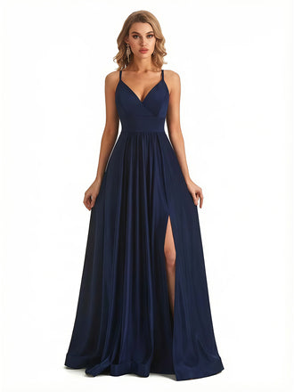 Sexy A-Line Side Slit V-Neck Spaghetti Straps Jersey Maxi Formal Evening Dresses For Ladies