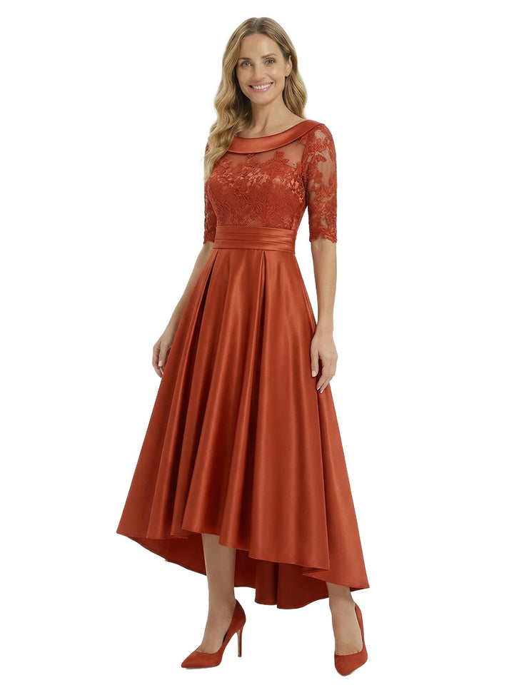 Elegant Mother of The Bride Satin Gown Boat Neck Half Lace Sleeve High Low Hem Formal Wedding Dress for Moms