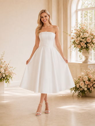 ChicSew Simple Strapless Boning A-Line Satin Midi Wedding Dress