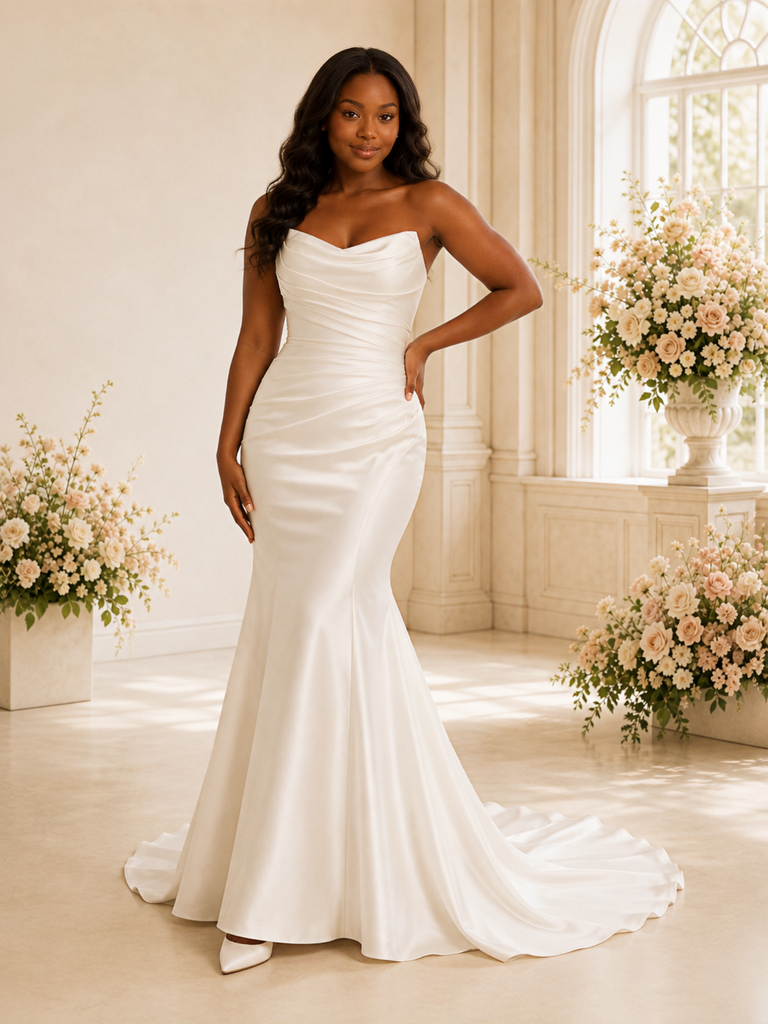 ChicSew Fancy Strapless Ruching Satin Mermaid Floor-Length Wedding Dress
