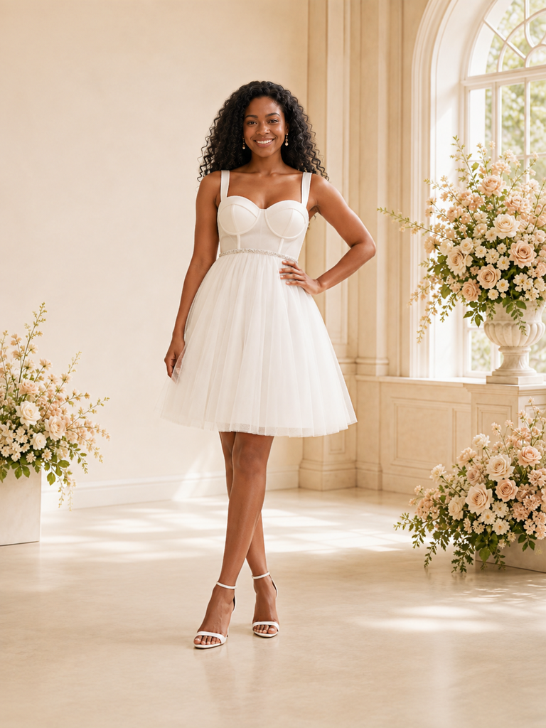 ChicSew Fancy Sweetheart Spaghetti Straps A-Line Tulle Knee-Length Wedding Dress