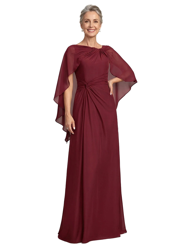 ChicSew Asymmetric Cape Sleeve Beaded Detail Ruched Waist Floor Length Chiffon Modern Mother of the Bride Dresses
