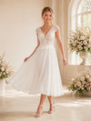 ChicSew Simple V-Neck Cap Sleeves A-Line Lace Chiffon Tea-Length Wedding Dresses