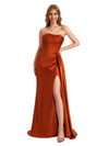Elegant Sweetheart Silky Satin Mermaid Beaded Ruched Long Bridesmaid Dresses Slit