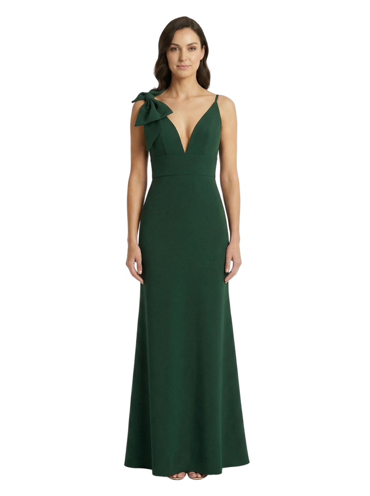Chicsew Pretty Spaghetti Straps Bow Knot Deep V-Neck Maxi Sheath Crepe Simple Mother of The Groom Dress