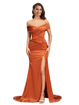 Sexy Side Slit Mermaid Off The Shoulder Soft Satin Unique Long Bridesmaid Dresses Online
