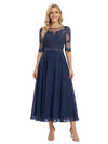 Pretty Scoop Neck Half-Sleeve Lace Chiffon Tea-Length Gown Modern Mother of The Bride Dresses