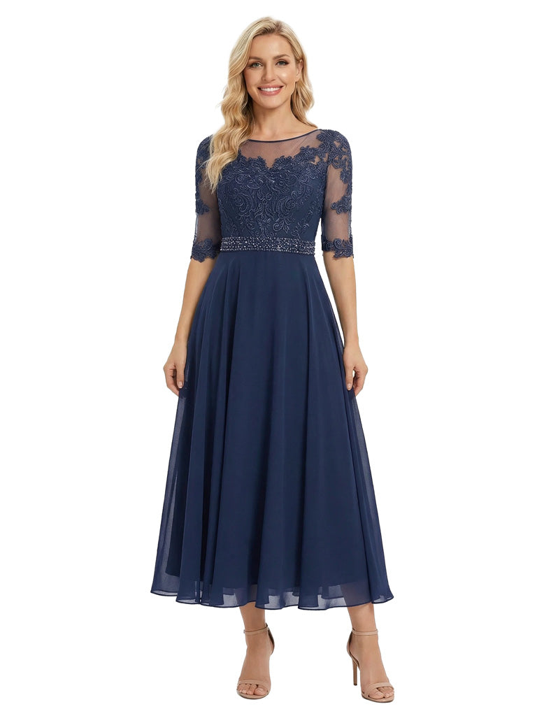 Pretty Scoop Neck Half-Sleeve Lace Chiffon Tea-Length Gown Modern Mother of The Bride Dresses