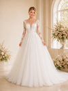ChicSew Unique Deep V-Neck A-Line Long Sleeves Lace Tulle Maxi Long Wedding Dresses