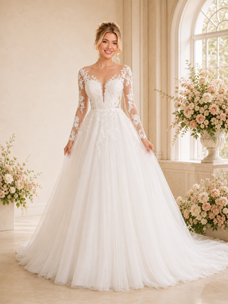 ChicSew Unique Deep V-Neck A-Line Long Sleeves Lace Tulle Maxi Long Wedding Dresses