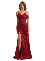 Sexy Cold Shoulder Mermaid Silky Satin Maxi Evening Gowns For Ladies With Bonings Side Slit