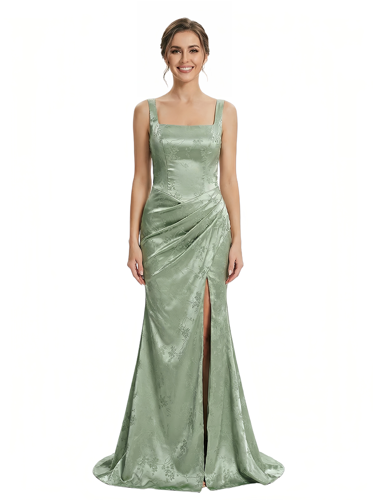 Elegant Jacquard Satin Spaghetti Straps Side Slit Mermaid Long Formal Evening Dresses