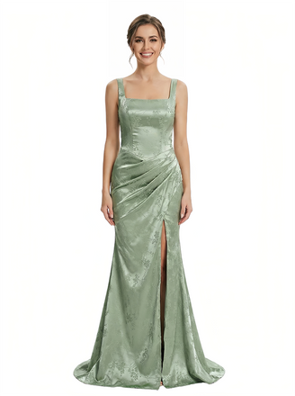 Elegant Jacquard Satin Spaghetti Straps Side Slit Mermaid Long Formal Evening Dresses