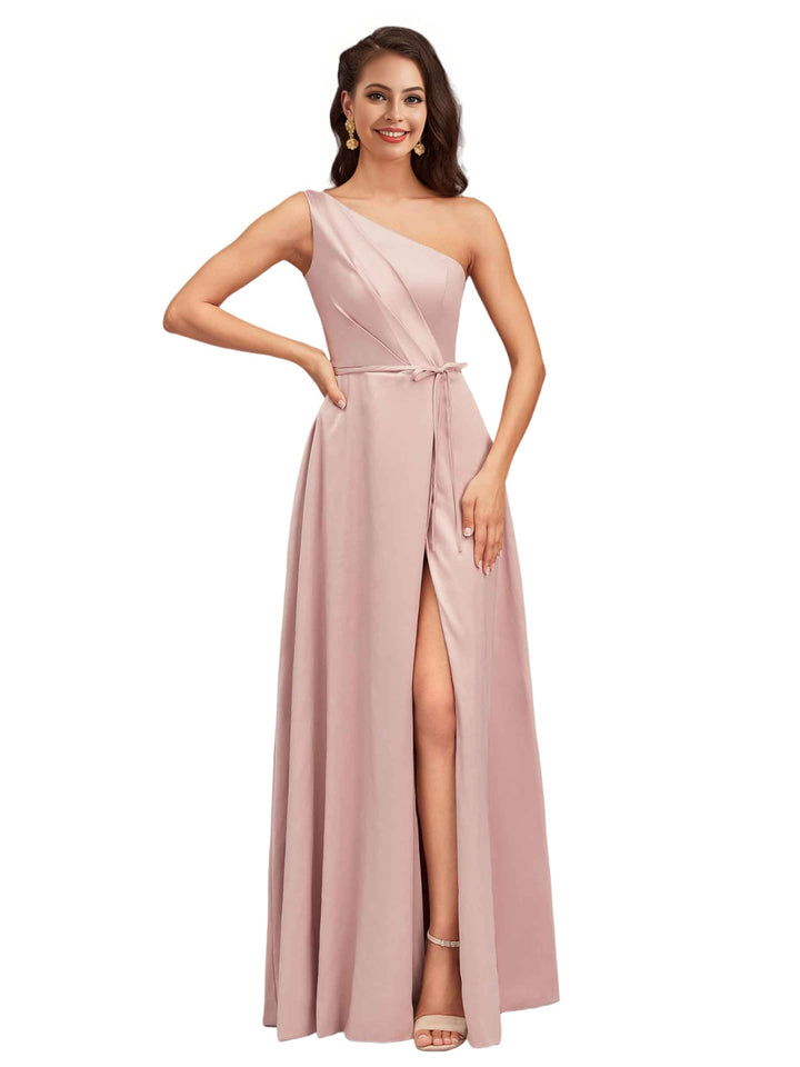 Elegant One Shoulder Side Slit Soft Satin A-Line Long Bridesmaid Dresses Online