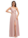 Elegant One Shoulder Side Slit Soft Satin A-Line Long Bridesmaid Dresses Online