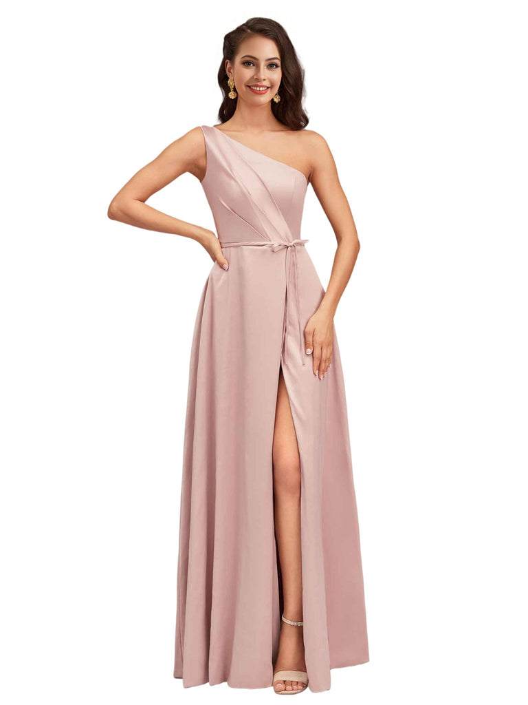Elegant One Shoulder Side Slit Soft Satin A-Line Long Bridesmaid Dresses Online