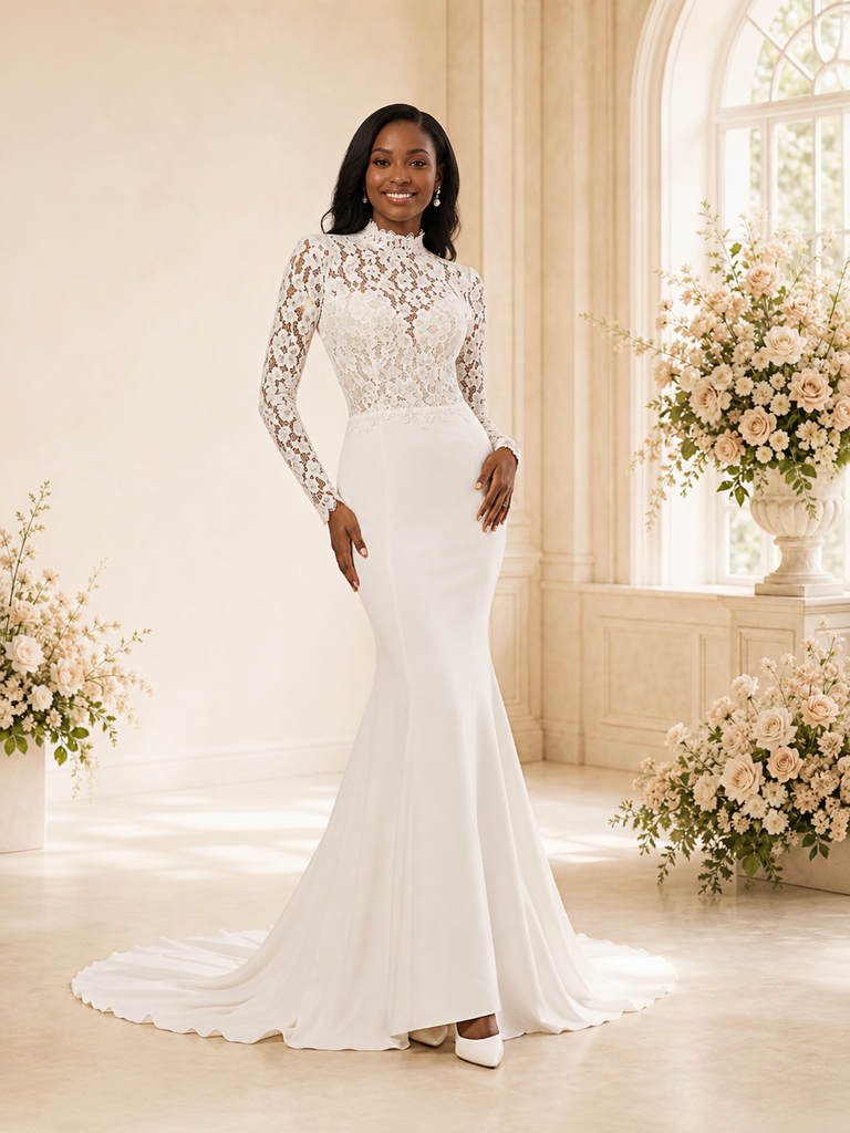 ChicSew Modern Mermaid High Neck Long Sleeves Lace Crepe Maxi Wedding Dress