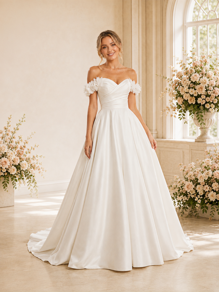 ChicSew Modern Satin Off The Shoulder A-Line Long Wedding Dress With Pleats