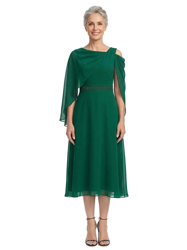 ChicSew Asymmetric Cape Sleeve Tea-Length Chiffon Mom Of The Groom Dresses