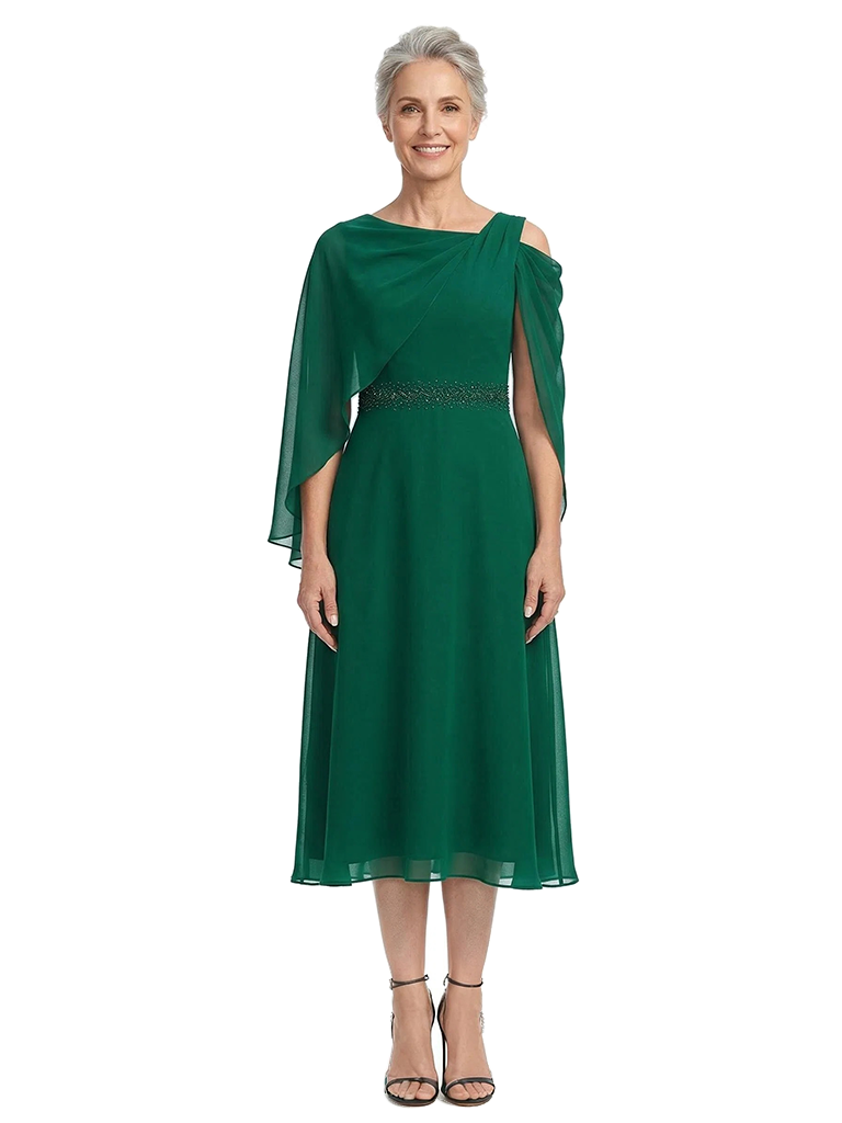 ChicSew Asymmetric Cape Sleeve Tea-Length Chiffon Mom Of The Groom Dresses