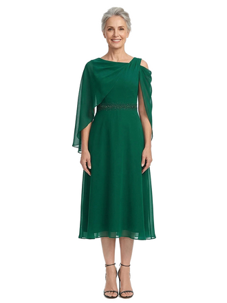 ChicSew Asymmetric Cape Sleeve Tea-Length Chiffon Mom Of The Groom Dresses